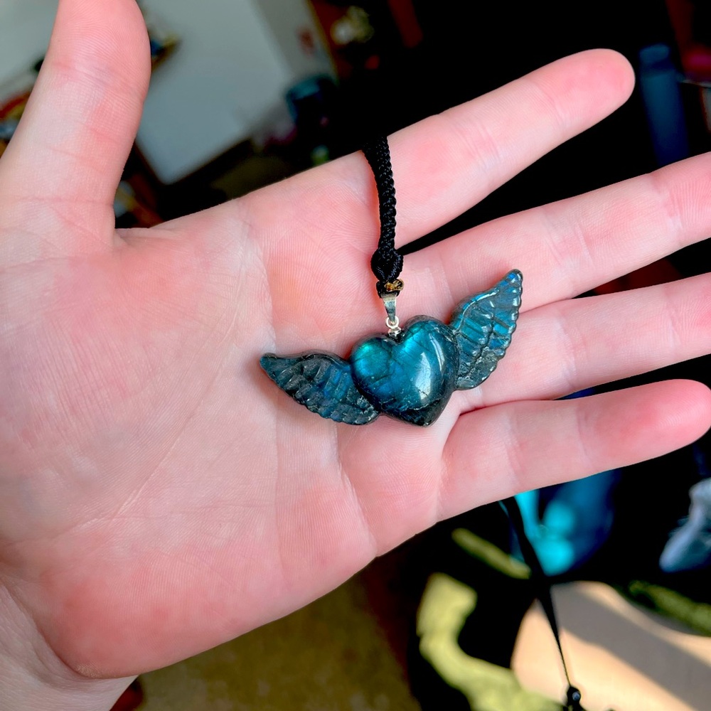 Labadorite heart with wings necklace adjustable cord